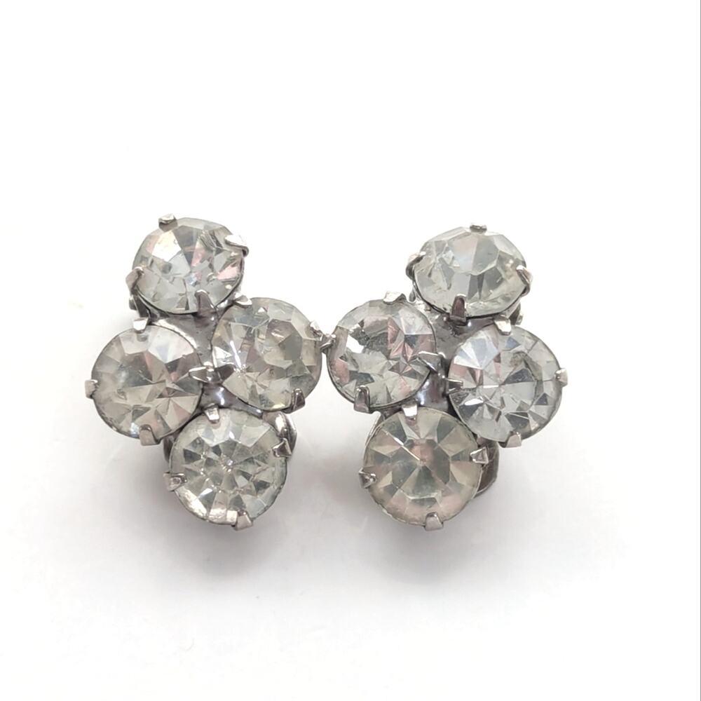 Vintage Silver Tone Prong Set Glass Rhinestone Retro Glam Clip On Earrings